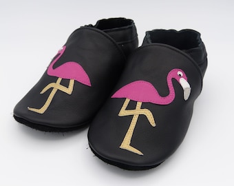 Chaussons cuir, taille 18 à 45, adulte, enfant, bébé, cuir de vachette, souple, chaussons, fabriqué en France, hand made,flamant rose, noir