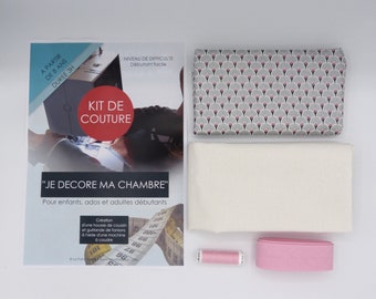 Kit couture pour enfant, ado, adulte débutants, fabrication d'un coussin et d'une guirlande de fanion gris, rose, blanc