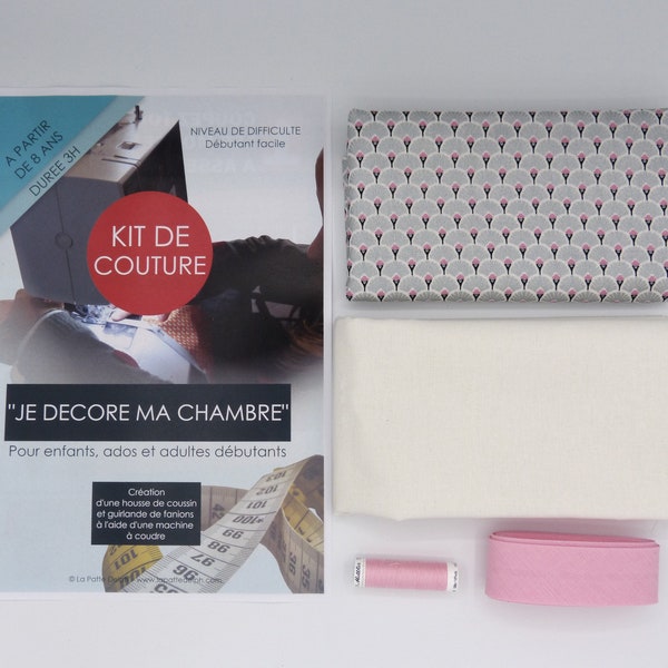 Kit couture pour enfant, ado, adulte débutants, fabrication d'un coussin et d'une guirlande de fanion gris, rose, blanc