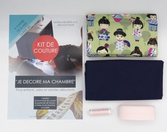 Kit couture pour enfant, ado, adulte débutants, fabrication d'un coussin et d'une guirlande de fanion japon, vert, bleu, rose