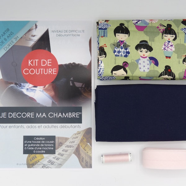 Kit couture pour enfant, ado, adulte débutants, fabrication d'un coussin et d'une guirlande de fanion japon, vert, bleu, rose