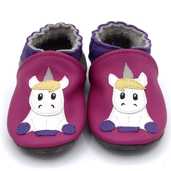 Chaussons tout cuir taille 18 à 35 pour enfant, bébé, fille, cuir de vachette souple thème licorne, rose, gris, violet