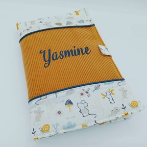 Personalized health book protector, ideal birth gift, in velvet and cotton, mustard and navy mice
