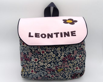 Personalized backpack for children or kindergarten, pink and navy floral made in France