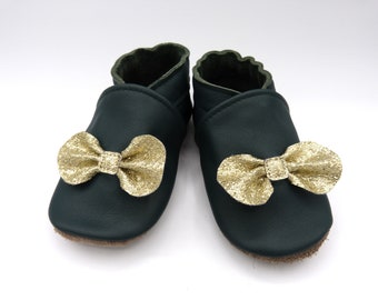 Chaussons cuir, taille 18 à 45, adulte, enfant, bébé, cuir de vachette, souple, chaussons, fabriqué en France, hand made, vert et or