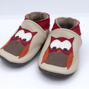 Soft leather slippers size 18 to 35 for baby, child, owl, owl, forest patterns, handmade in France