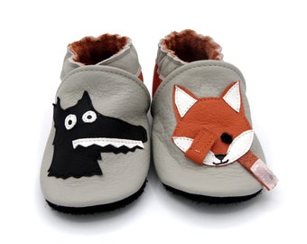 All leather slippers, size 18 to 35, child, baby, girl, boy, calfskin, soft, slippers, wolf, fox, forest, orange, gray