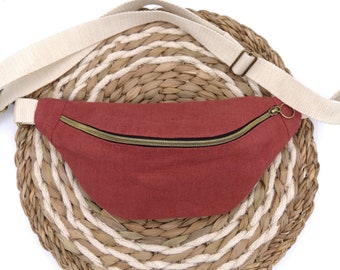 Natural linen fanny pack, handmade, for right or left-handed people, bruschetta, rosé, pink