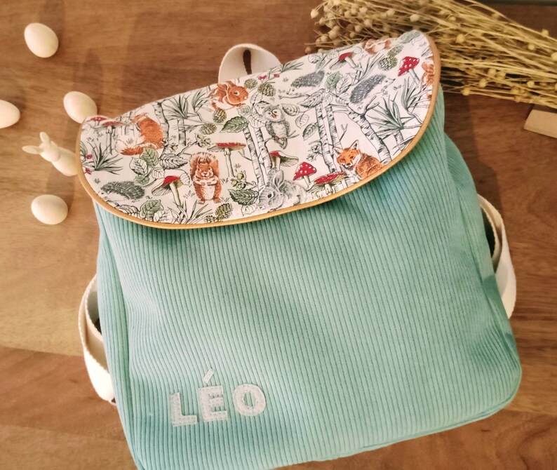 Personalized backpack for children or forest-themed maternal school bag, corduroy made in France