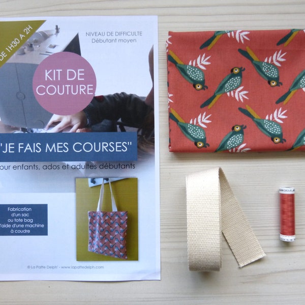 Kit couture, enfant, ado, adulte, diy, débutant, fabrication d'un tote bag, paon, fil, sangle, explication, tuto