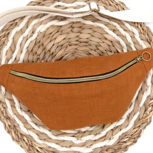 Bananentasche aus natürlichem Leinen, handgefertigt, für Rechts- oder Linkshänder, Terrakotta, Orange, Ziegelstein