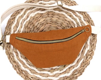 Sac banane en lin naturel, fait main, pour droitier ou gaucher, terracotta, orange, brique