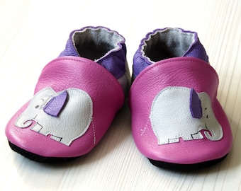 Chaussons tout cuir/taille 18 à 35/enfant/bébé/fille/cuir de veau/souple/chaussures/chaussons/éléphant/oreille/savane/rose/gris/violet