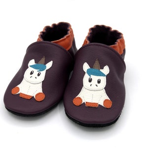 Chaussons tout cuir/taille 18 à 35/enfant/bébé/fille/cuir de veau/souple/chaussures/chaussons/prune/orange/blanc/bleu/licorne/cheval/magique image 1