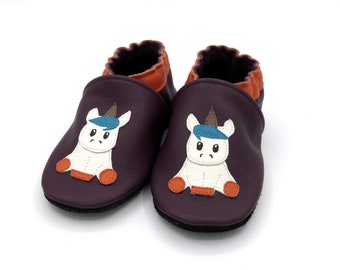 Chaussons tout cuir/taille 18 à 35/enfant/bébé/fille/cuir de veau/souple/chaussures/chaussons/prune/orange/blanc/bleu/licorne/cheval/magique