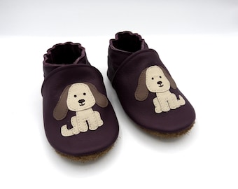 Chaussons cuir, taille 18 à 45, adulte, enfant, bébé, cuir de vachette, souple, chaussons, fabriqué en France, hand made, prune chien