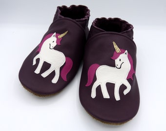 Chaussons cuir, taille 18 à 45, adulte, enfant, bébé, cuir de vachette, souple, chaussons, fabriqué en France, hand made, licorne, prune