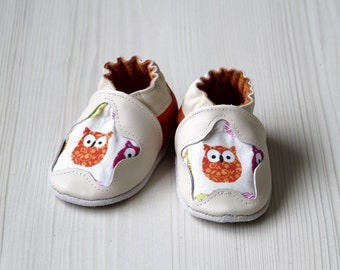 Leather slippers/size 18 to 22/child/baby/girl/calf leather/soft/shoes/slippers/ivory/orange/owl/owl/forest/nature