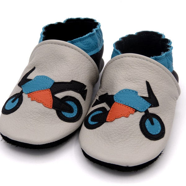 Chaussons cuir/taille 18 à 35/enfant/bébé/garçon/cuir de veau/souple/chaussures/chaussons/gris/bleu/noir/moto/motard/véhicule/route/engin