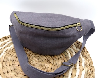 Sac banane en lin naturel, fait main, pour droitier ou gaucher, anthracite, gris mauve