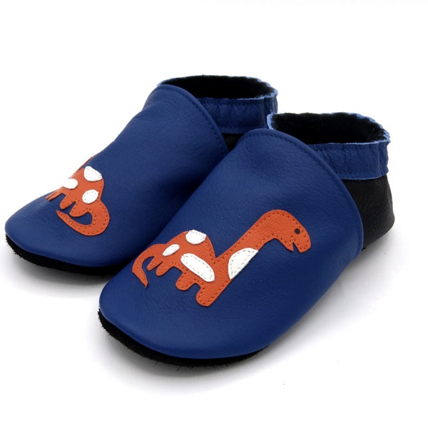 Chaussons en cuir souple taille 18 à 35, bébé, enfant, fait main en France thème dinosaure, diplodocus, noir, orange, bleu