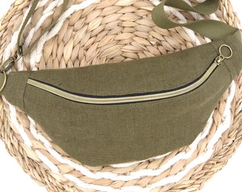 Sac banane en lin naturel, fait main, pour droitier ou gaucher, kaki, vert