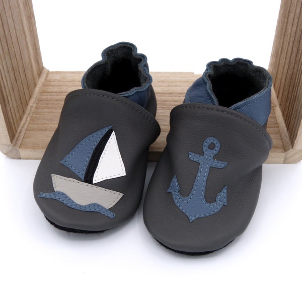 Chaussons cuir taille 18 à 35, enfant, bébé, cuir souple fabriqué en France, mer, bateau, ancre