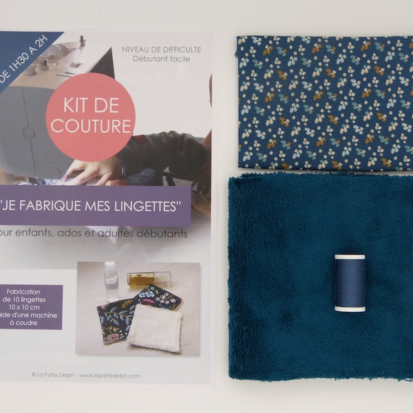 Kit couture, enfant, ado, adulte, diy, débutant, fabrication de 10 lingettes lavables, bleu, fleur