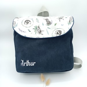 Sac à dos personnalisé pour enfant ou cartable maternelle thème forêt, en velours côtelé fabriqué en France