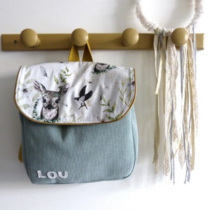 Sac à dos personnalisé pour enfant ou cartable maternelle thème forêt, en velours côtelé fabriqué en France