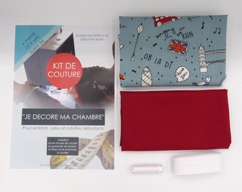 Kit couture pour enfant, ado, adulte débutants, fabrication d'un coussin et d'une guirlande de fanion Anglais, bleu, rouge, blanc