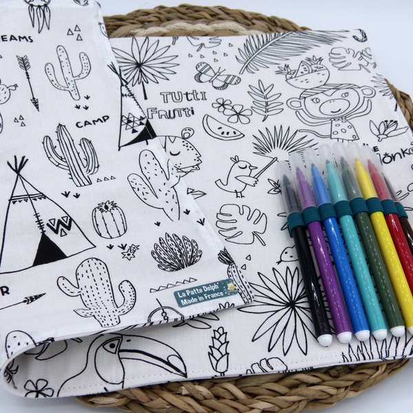 Coloring board, Table set, coloring fabric, 2 sides, washable, 8 markers, ecological, zero waste, reusable, jungle, tipi