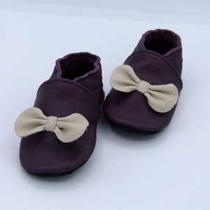Leather slippers, size 18 to 45, adult, child, baby, cowhide leather, soft, slippers, made in France, hand made, plum ivory bow