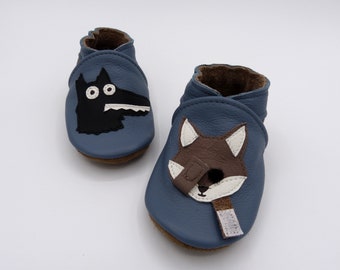 All leather slippers, size 18 to 35, child, baby, girl, boy, calfskin, soft, slippers, wolf, fox, forest, gray