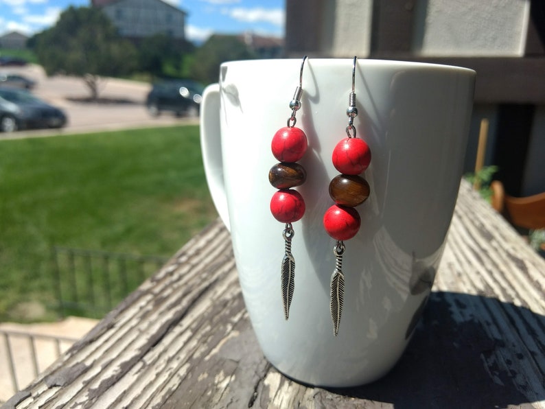 Red Howlite and Wooden Bead and Tiger Eye Nugget Earrings with Silver Feathers