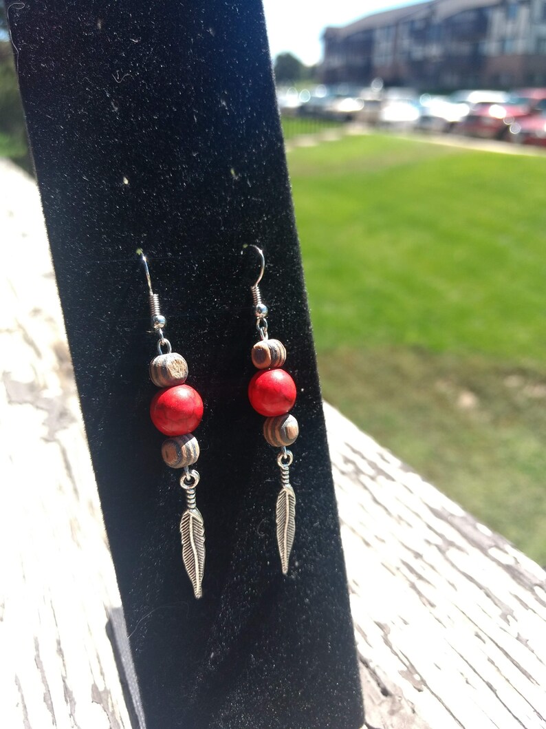 Red Howlite and Wooden Bead and Tiger Eye Nugget Earrings with Silver Feathers