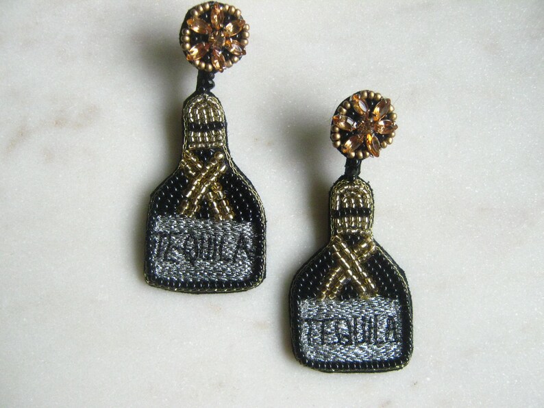 Tequila Bottle Beaded Earrings Black Seed Bead Earrings Etsy