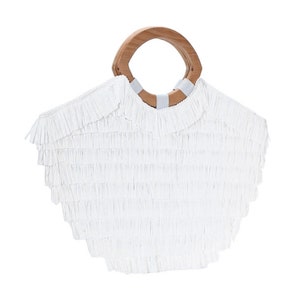 Monedero con asa de madera y flecos de rafia blanca, bolsos, bolsos boho