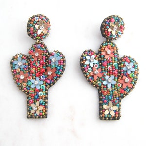 Colorful floral cactus seed bead earrings - Large statement earrings, Boho earrings, Gift for women, Seed beaded earrings