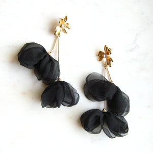 Black fabric flower drop earrings  - Large statement earrings  - Boho Earrings, Wedding earrings, Bridal earring