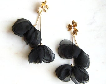 Black fabric flower drop earrings  - Large statement earrings  - Boho Earrings, Wedding earrings, Bridal earring