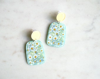 Daisy print acrylic earrings - Geometric statement earrings - Statement Earrings - Boho earrings, Summer earrings, Gifts for her