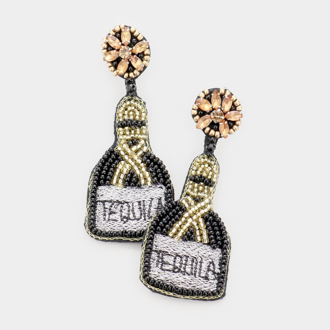 Tequila Bottle Beaded Earrings Black Seed Bead Earrings Etsy