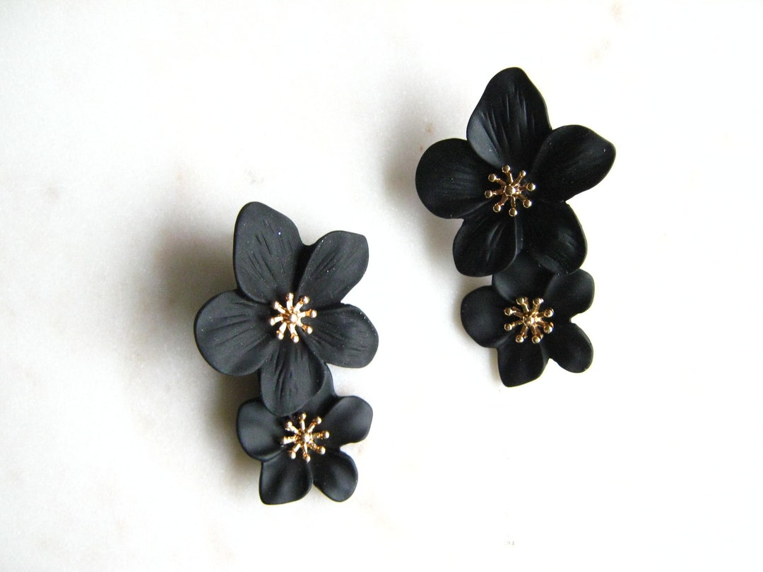 Black Flower Drop Earrings Statement Earrings Boho Etsy
