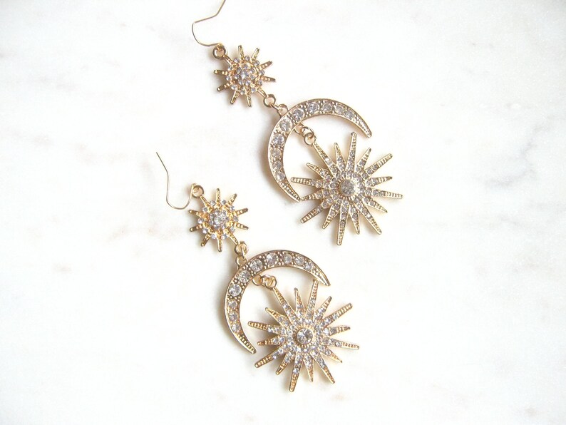 Long drop earrings Bridesmaid earrings Gemstone earrings Moon and Star Crystal Drop Earrings Large statement earrings