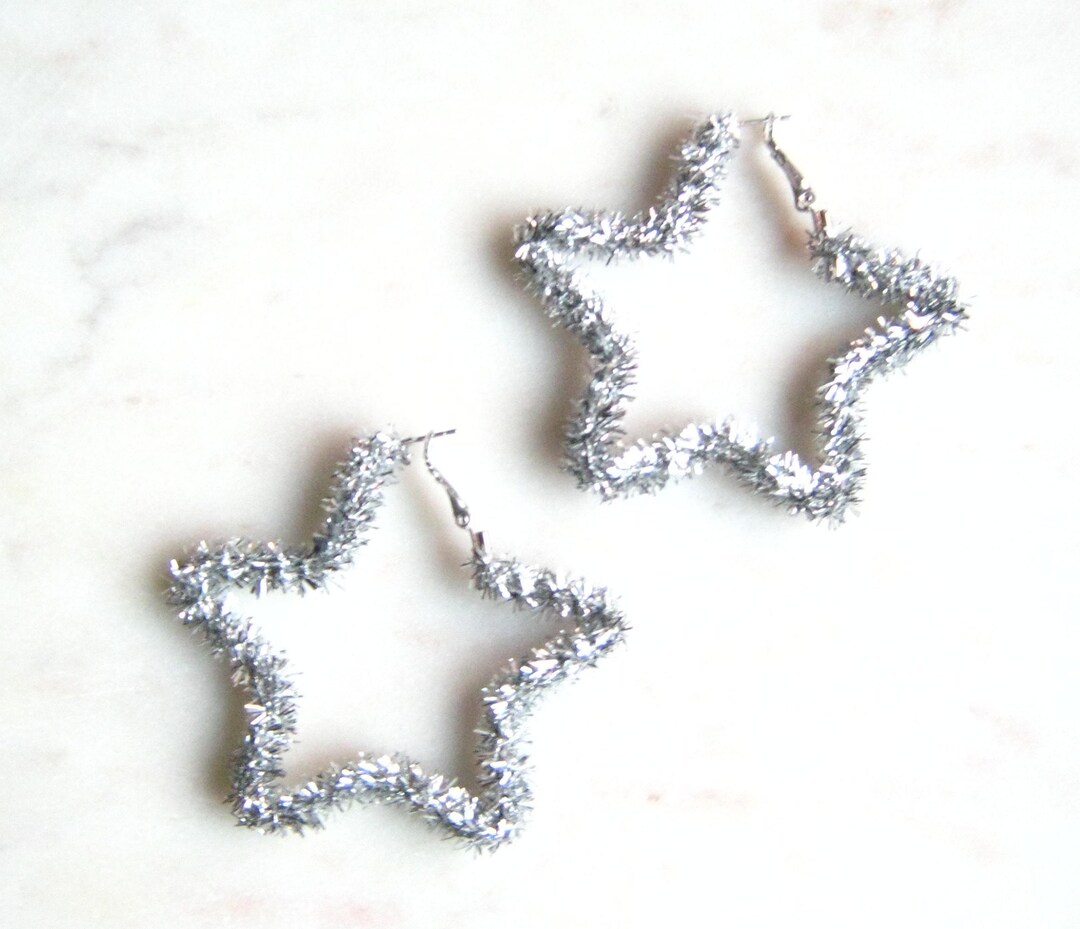 Star Tinsel Earrings Silver Large Statement Earrings, Holiday Earrings