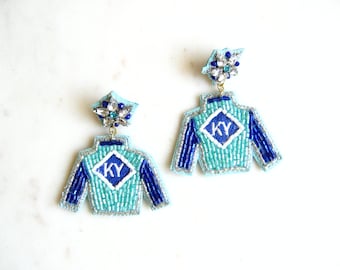Blue and silver seed bead jockey silks earrings, Derby earrings, Party earrings, Statement earrings