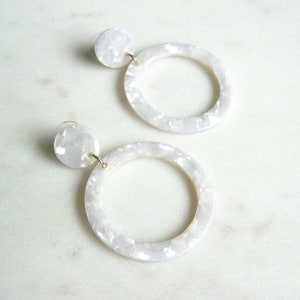 White Tortoiseshell earrings - Circle drop statement earrings, Summer earrings