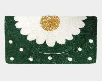 Green and white flower seed bead purse - Crossbody bag, Clutch bag, Holiday gifts