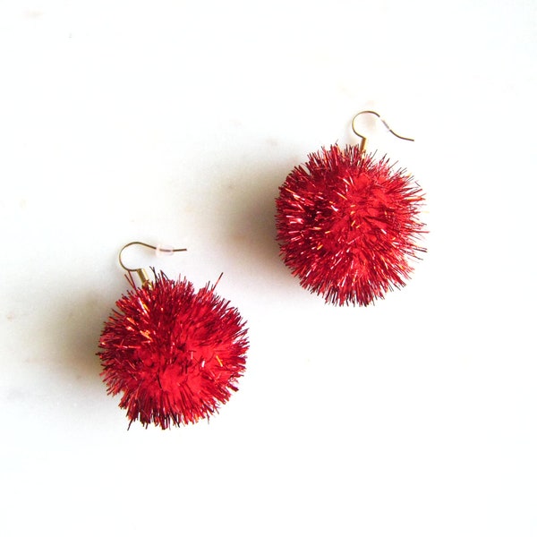 Red Holiday Pom-Pom Drop Earrings - Tinsel earrings, Large dramatic earrings, Christmas earrings